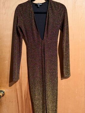 Celebrity Pink Metallic Gold Long Sleeve Sparkle Jumpsuit